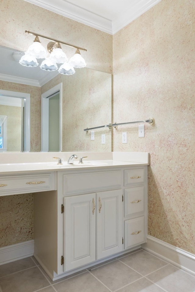 599 Countryside Dr, Loretto, TN 38469 - bathroom featuring wallpapered walls, crown molding, tile patterned floors, and vanity