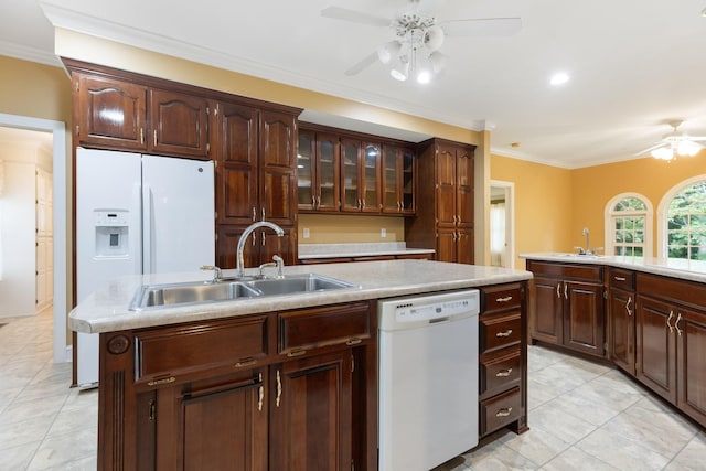599 Countryside Dr, Loretto, TN 38469 - kitchen with dishwasher, ceiling fan, a kitchen island with sink, light tile patterned floors, and light countertops