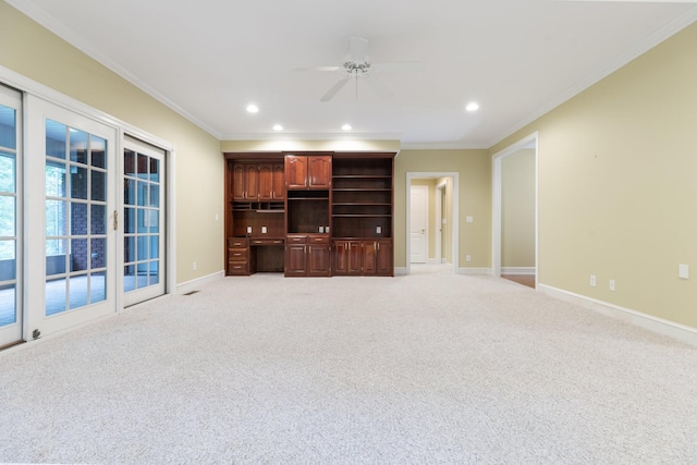 599 Countryside Dr, Loretto, TN 38469 - unfurnished living room featuring ornamental molding, ceiling fan, light carpet, recessed lighting, and built in desk