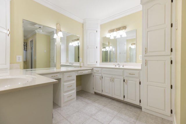 599 Countryside Dr, Loretto, TN 38469 - bathroom with crown molding, two vanities, tile patterned flooring, and ceiling fan