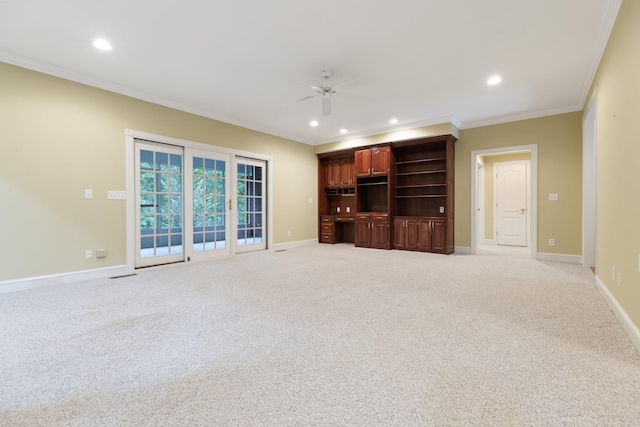 599 Countryside Dr, Loretto, TN 38469 - unfurnished living room with a ceiling fan, light colored carpet, ornamental molding, and recessed lighting