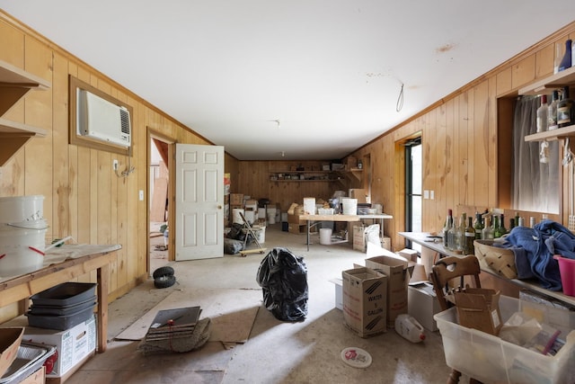 599 Countryside Dr, Loretto, TN 38469 - interior space featuring wood walls and a wall mounted AC