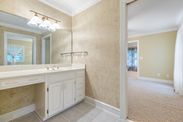 599 Countryside Dr, Loretto, TN 38469 - bathroom with crown molding, vanity, plenty of natural light, tile patterned floors, and wallpapered walls
