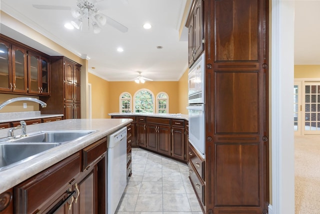 599 Countryside Dr, Loretto, TN 38469 - kitchen with a ceiling fan, white appliances, crown molding, light countertops, and recessed lighting
