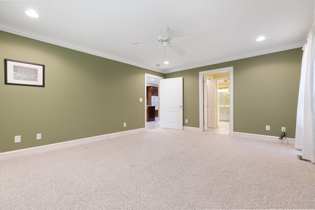 599 Countryside Dr, Loretto, TN 38469 - unfurnished bedroom featuring light colored carpet, crown molding, recessed lighting, connected bathroom, and a ceiling fan