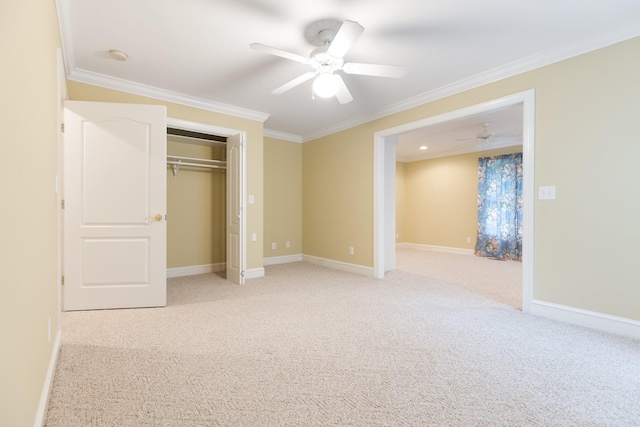 599 Countryside Dr, Loretto, TN 38469 - unfurnished bedroom featuring crown molding, carpet flooring, a closet, and ceiling fan