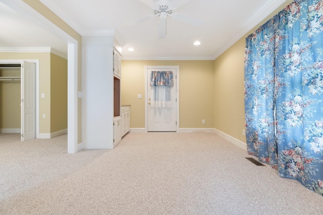 599 Countryside Dr, Loretto, TN 38469 - empty room featuring recessed lighting, ornamental molding, a ceiling fan, and light carpet