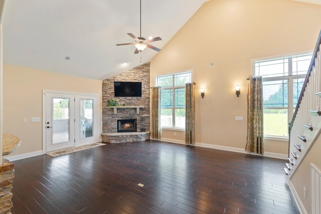 5010 Moretto Ct, Spring Hill, TN 37174 - unfurnished living room featuring ceiling fan, stairway, high vaulted ceiling, healthy amount of natural light, and dark wood finished floors