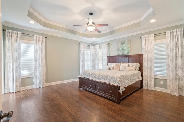 5010 Moretto Ct, Spring Hill, TN 37174 - bedroom featuring multiple windows, a raised ceiling, dark wood-type flooring, ornamental molding, and recessed lighting