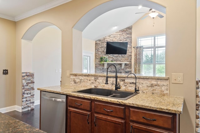 5010 Moretto Ct, Spring Hill, TN 37174 - kitchen featuring stainless steel dishwasher, ceiling fan, light stone counters, dark wood finished floors, and backsplash