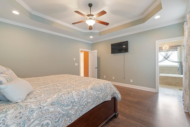 5010 Moretto Ct, Spring Hill, TN 37174 - bedroom with dark wood-style floors, a raised ceiling, recessed lighting, crown molding, and ceiling fan
