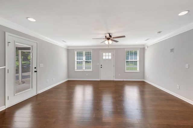 1205 Slaters Creek Rd, Goodlettsville, TN 37072 - entrance foyer featuring healthy amount of natural light, a ceiling fan, ornamental molding, dark wood-style flooring, and recessed lighting