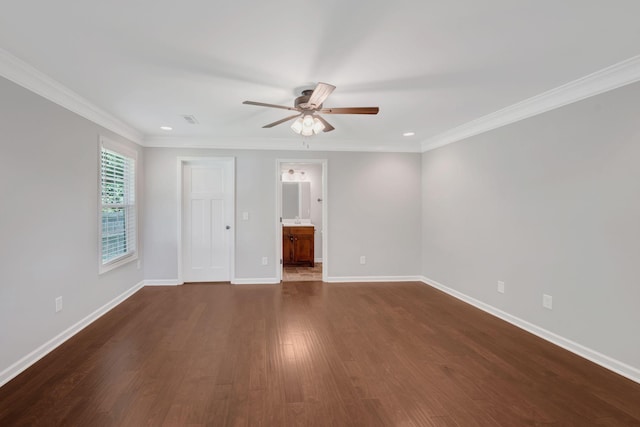 1205 Slaters Creek Rd, Goodlettsville, TN 37072 - unfurnished bedroom with dark wood-style floors, crown molding, recessed lighting, a ceiling fan, and ensuite bathroom