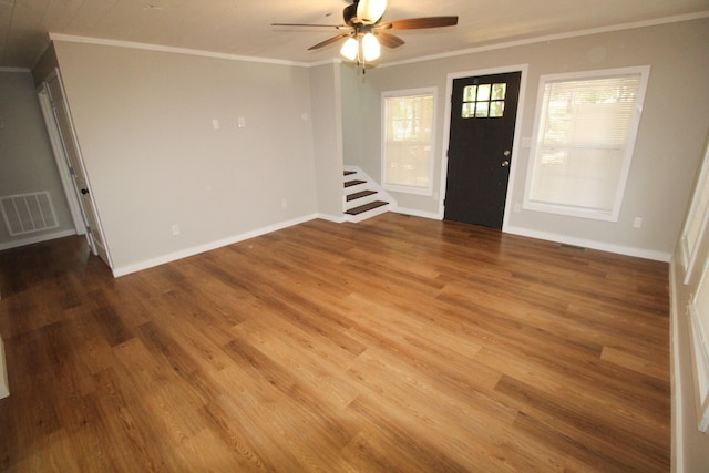 61 Kentucky Dr, Cadiz, KY 42211 - foyer with crown molding, ceiling fan, stairs, and wood finished floors