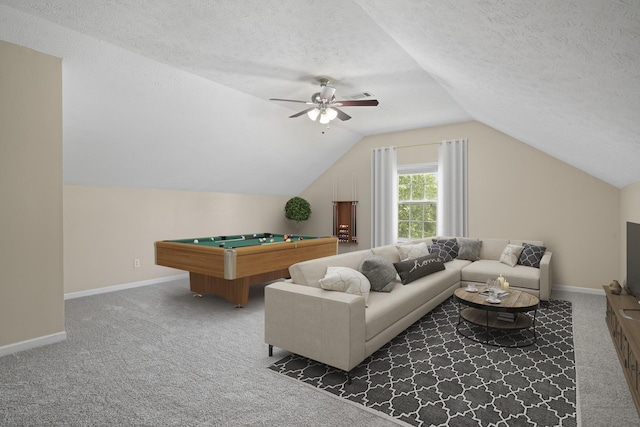 1918 Lawndale Dr, Spring Hill, TN 37174 - recreation room featuring carpet, ceiling fan, vaulted ceiling, billiards table, and a textured ceiling