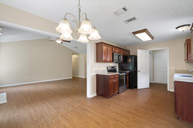 1918 Lawndale Dr, Spring Hill, TN 37174 - kitchen with stainless steel appliances, a chandelier, wood finished floors, ceiling fan, and open floor plan