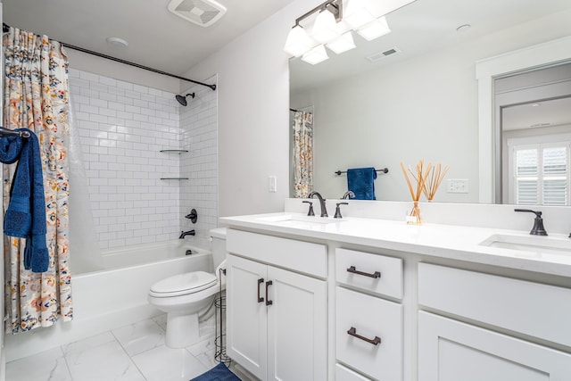 2744 Morrow Ln, Columbia, TN 38401 - bathroom featuring double vanity, shower / tub combo, and marble look tiles