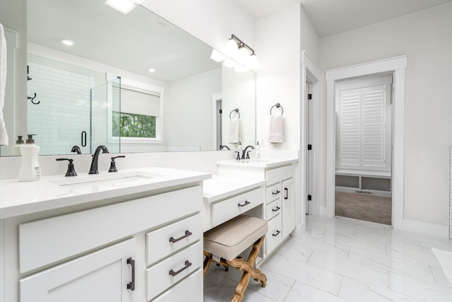2744 Morrow Ln, Columbia, TN 38401 - bathroom with double vanity, a shower stall, recessed lighting, and marble look tile flooring