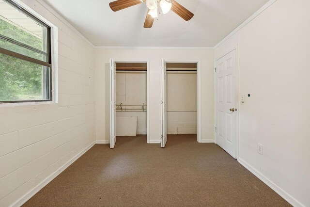 3337 Hartsville Rd, Lafayette, TN 37083 - unfurnished bedroom with two closets, carpet floors, multiple windows, crown molding, and ceiling fan