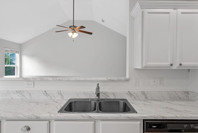 2149 Longhunter Chase Dr, Spring Hill, TN 37174 - kitchen with dishwasher, white cabinetry, vaulted ceiling, a ceiling fan, and light stone countertops