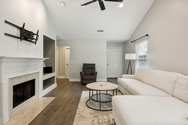 808 Garrett Way Ct, Antioch, TN 37013 - living area with ceiling fan, wood finished floors, high vaulted ceiling, and a premium fireplace