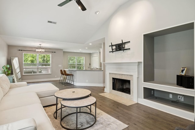 808 Garrett Way Ct, Antioch, TN 37013 - living area with wood finished floors, a ceiling fan, recessed lighting, a fireplace, and high vaulted ceiling