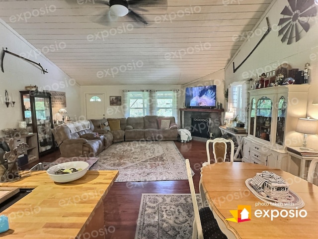 1 Julie Ln, Pleasant Shade, TN 37145 - living room featuring vaulted ceiling, wood finished floors, ceiling fan, wooden ceiling, and a fireplace