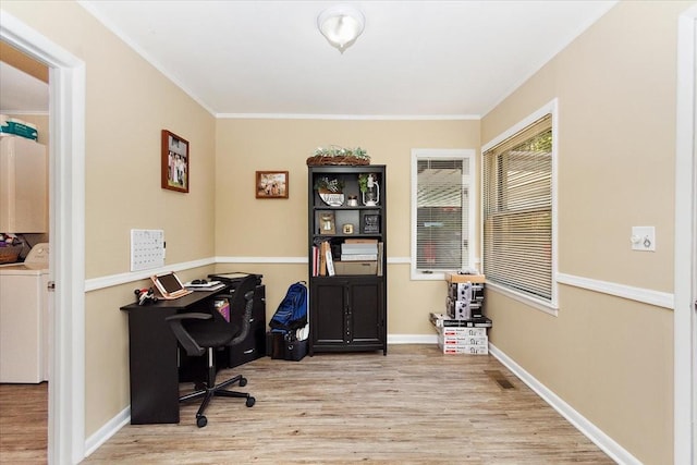 19 Horseshoe Bend Rd, Leoma, TN 38468 - office featuring washer / clothes dryer, wood finished floors, and crown molding