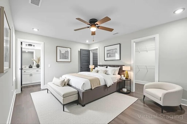 1142 Snow Ave, Madison, TN 37115 - bedroom with dark wood-style flooring, recessed lighting, ensuite bath, ceiling fan, and a spacious closet