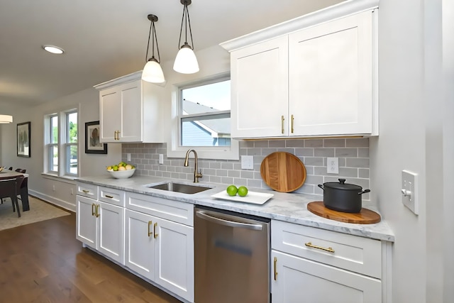 1142 Snow Ave, Madison, TN 37115 - kitchen with stainless steel dishwasher, dark wood-style floors, white cabinetry, and recessed lighting