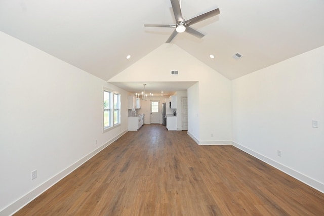1142 Snow Ave, Madison, TN 37115 - unfurnished living room with a chandelier, dark wood-style flooring, a ceiling fan, recessed lighting, and high vaulted ceiling