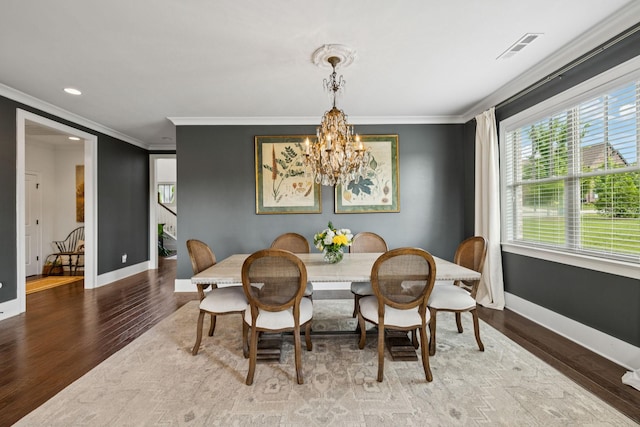 923 Hornsby Dr, Franklin, TN 37064 - dining area featuring a chandelier, wood finished floors, ornamental molding, and recessed lighting