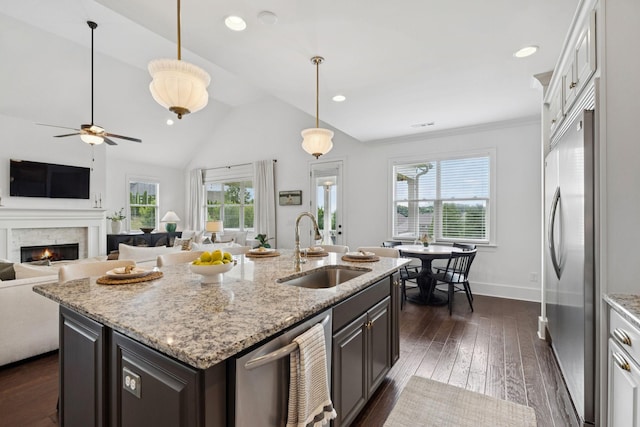 923 Hornsby Dr, Franklin, TN 37064 - kitchen featuring stainless steel appliances, dark wood-style flooring, a lit fireplace, a ceiling fan, and lofted ceiling