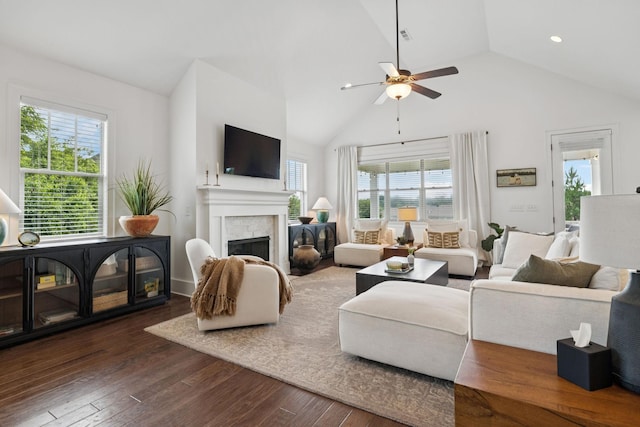 923 Hornsby Dr, Franklin, TN 37064 - living room with a ceiling fan, dark wood-style flooring, a fireplace, high vaulted ceiling, and recessed lighting