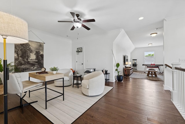 923 Hornsby Dr, Franklin, TN 37064 - living area featuring wood finished floors, a ceiling fan, ornamental molding, and recessed lighting