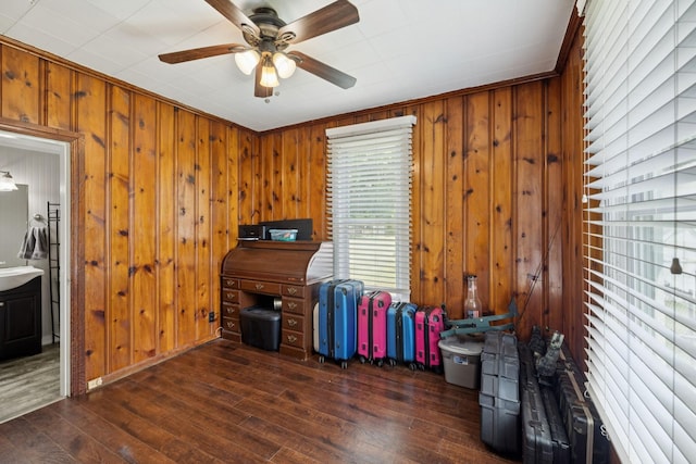 410 England St E, Cowan, TN 37318 - office area featuring a ceiling fan, wooden walls, and hardwood / wood-style floors