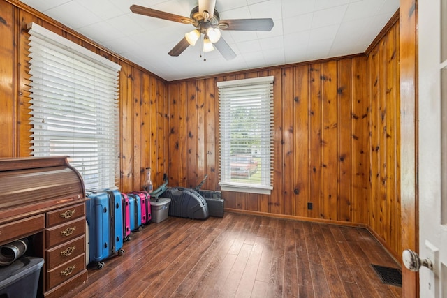 410 England St E, Cowan, TN 37318 - office space with a ceiling fan, wood-type flooring, and wood walls