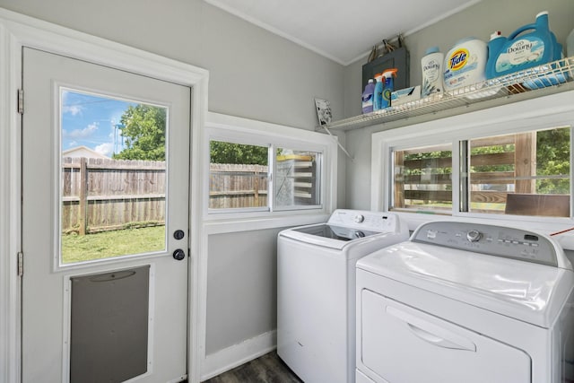 410 England St E, Cowan, TN 37318 - washroom featuring washer and clothes dryer, dark wood-type flooring, and crown molding