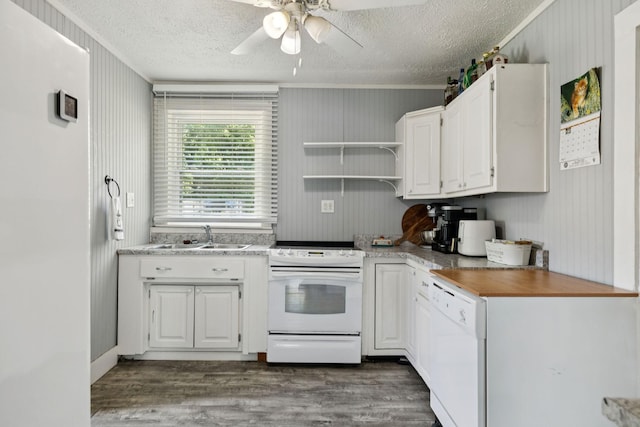 410 England St E, Cowan, TN 37318 - kitchen featuring white appliances, a textured ceiling, ornamental molding, open shelves, and a ceiling fan