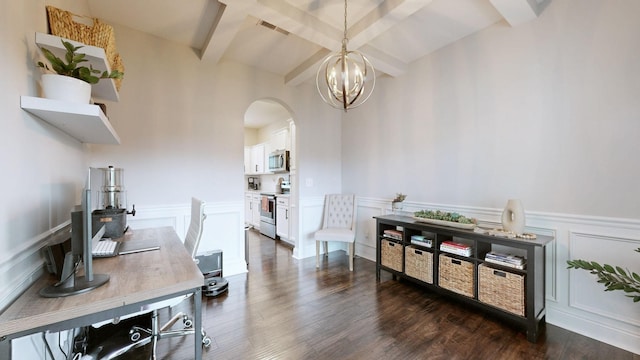 1197 Ewing Way, Clarksville, TN 37043 - office area with arched walkways, a decorative wall, beamed ceiling, a chandelier, and a wainscoted wall