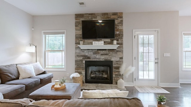 1197 Ewing Way, Clarksville, TN 37043 - living room featuring a fireplace, wood finished floors, and healthy amount of natural light