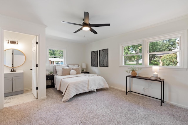 1211 Taylor Pl, Murfreesboro, TN 37129 - bedroom with light carpet, connected bathroom, ornamental molding, and a ceiling fan
