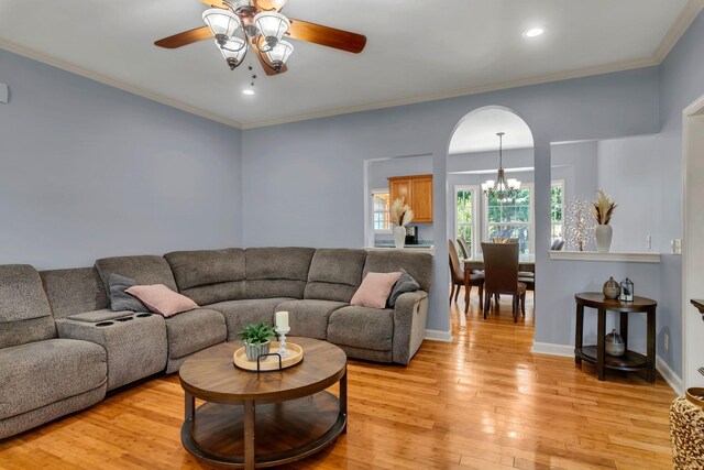 343 Belinda Pkwy, Mount Juliet, TN 37122 - living area with a ceiling fan, a chandelier, light wood-style flooring, recessed lighting, and ornamental molding