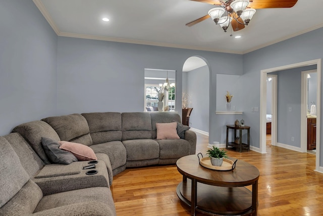343 Belinda Pkwy, Mount Juliet, TN 37122 - living area featuring ceiling fan, arched walkways, light wood finished floors, ornamental molding, and recessed lighting
