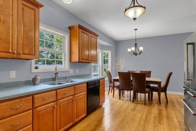 343 Belinda Pkwy, Mount Juliet, TN 37122 - kitchen with black dishwasher, brown cabinetry, light wood-style floors, pendant lighting, and a chandelier