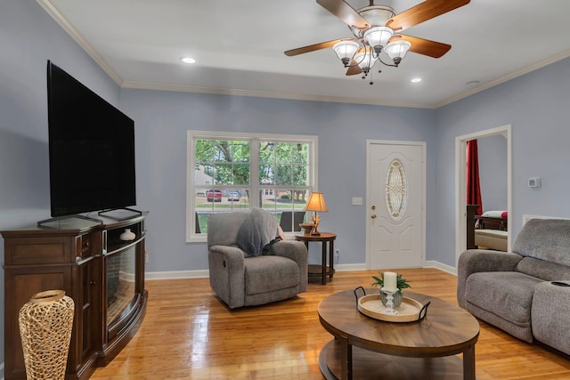 343 Belinda Pkwy, Mount Juliet, TN 37122 - living room featuring crown molding, ceiling fan, light wood-style floors, and recessed lighting