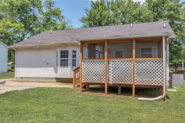 343 Belinda Pkwy, Mount Juliet, TN 37122 - rear view of house featuring crawl space, a lawn, a shingled roof, and a sunroom