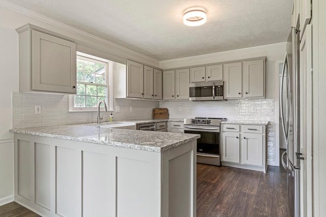 2415 Franklin Ln, Murfreesboro, TN 37130 - kitchen with stainless steel appliances, a peninsula, dark wood finished floors, tasteful backsplash, and ornamental molding
