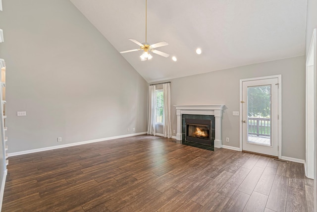 2415 Franklin Ln, Murfreesboro, TN 37130 - unfurnished living room featuring a fireplace, a ceiling fan, dark wood-style floors, high vaulted ceiling, and recessed lighting