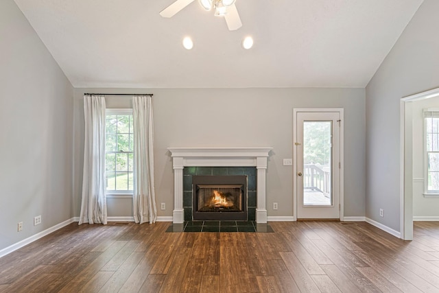2415 Franklin Ln, Murfreesboro, TN 37130 - unfurnished living room featuring hardwood / wood-style flooring, a fireplace, ceiling fan, lofted ceiling, and recessed lighting